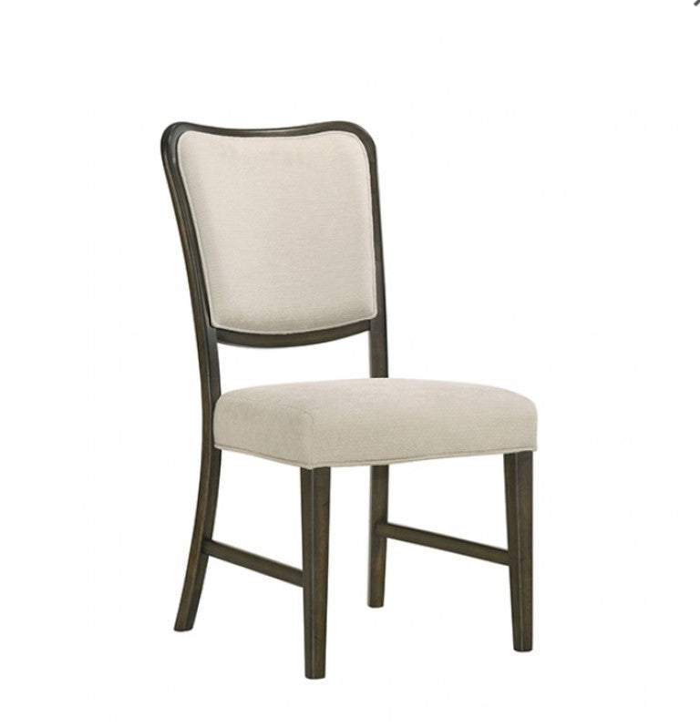 Quin Espresso Upholstered Fabric Dining Chair Dining chair with beige cushioned seat and backrest in a room with a wooden table.