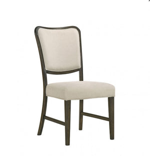 Quin Espresso Upholstered Fabric Dining Chair Beige chair with dark wooden frame on a white background