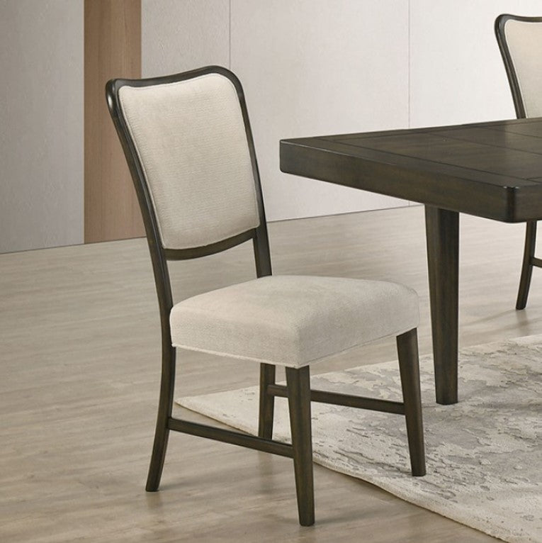 Quin Espresso Upholstered Fabric Dining Chair Dining chair with beige cushioned seat and backrest in a room with a wooden table.