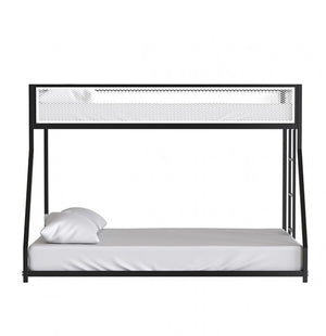 Ranzo Contemporary Matte Black Full Metal Twin Full Low Bunk Bed Black metal bunk bed with white mattress and pillow on a white background