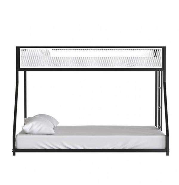 Ranzo Contemporary Matte Black Full Metal Twin Full Low Bunk Bed Black metal bunk bed with white mattress and pillow on a white background