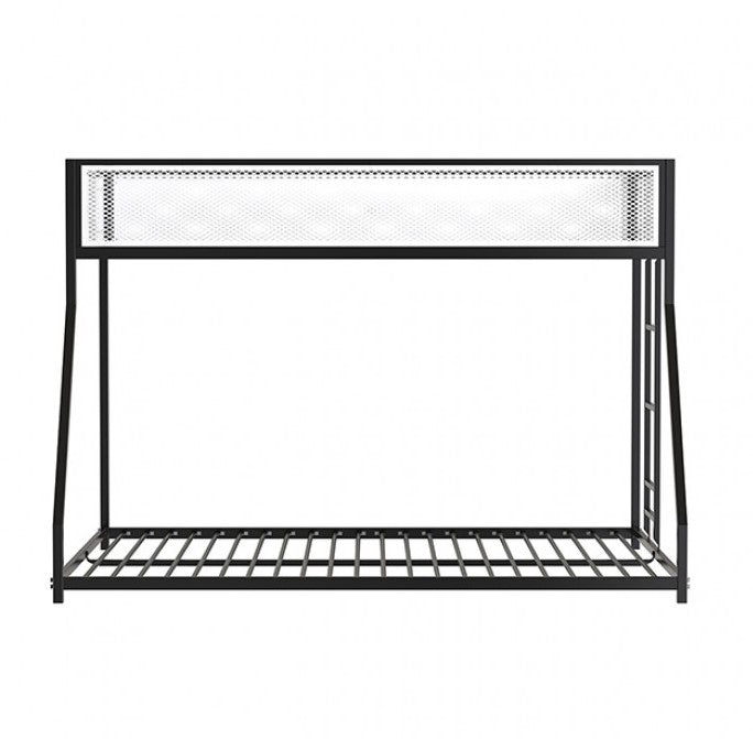 Ranzo Contemporary Matte Black Full Metal Twin Full Low Bunk Bed Bunk bed in a room with a desk and window