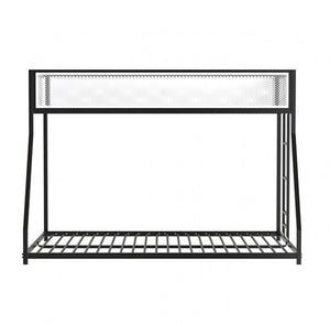 Ranzo Contemporary Matte Black Full Metal Twin Full Low Bunk Bed Black metal shelf with two levels on a white background