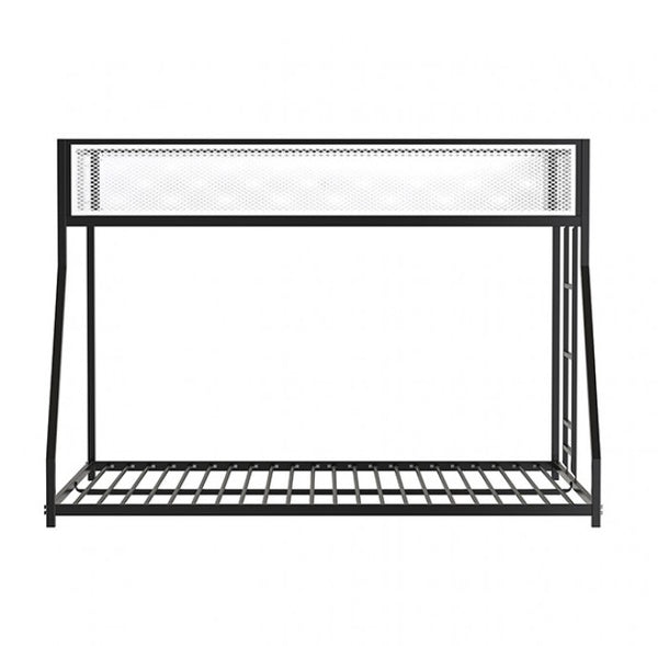 Ranzo Contemporary Matte Black Full Metal Twin Full Low Bunk Bed Black metal shelf with two levels on a white background