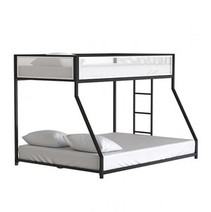 Ranzo Contemporary Matte Black Full Metal Twin Full Low Bunk Bed Black metal bunk bed with white mattress and pillows on a white background
