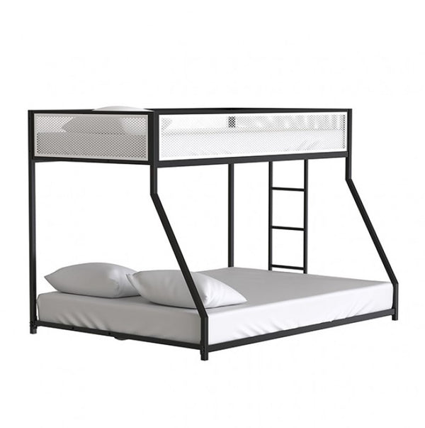 Ranzo Contemporary Matte Black Full Metal Twin Full Low Bunk Bed Black metal bunk bed with white mattress and pillows on a white background