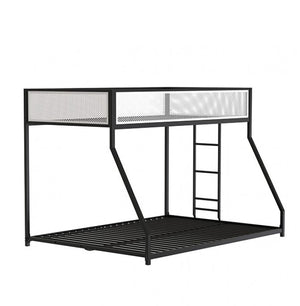 Ranzo Contemporary Matte Black Full Metal Twin Full Low Bunk Bed Black metal bunk bed with ladder on a white background
