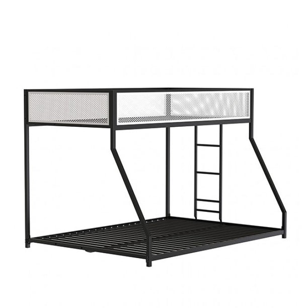 Ranzo Contemporary Matte Black Full Metal Twin Full Low Bunk Bed Black metal bunk bed with ladder on a white background