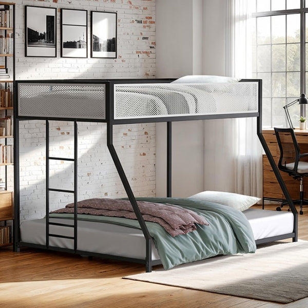 Ranzo Contemporary Matte Black Full Metal Twin Full Low Bunk Bed Bunk bed in a room with a desk and window