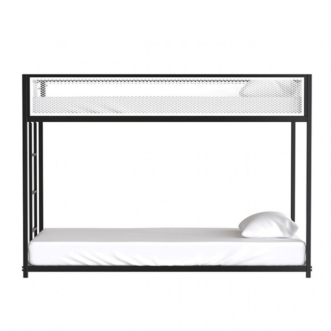 Ranzo Contemporary Matte Black Full Metal Twin Twin Low Bunk Bed Black metal bunk bed with white bedding in a room with a desk and framed pictures on the wall.