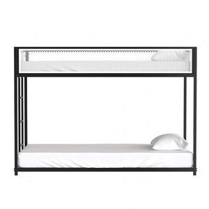 Ranzo Contemporary Matte Black Full Metal Twin Twin Low Bunk Bed Black metal bunk bed with white mattress and pillow on a white background
