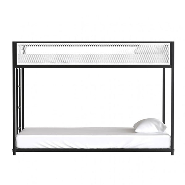 Ranzo Contemporary Matte Black Full Metal Twin Twin Low Bunk Bed Black metal bunk bed with white mattress and pillow on a white background