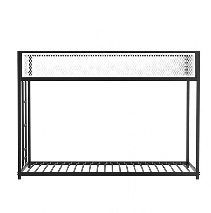 Ranzo Contemporary Matte Black Full Metal Twin Twin Low Bunk Bed Black metal bunk bed with white bedding in a room with a desk and framed pictures on the wall.