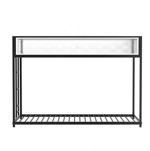 Ranzo Contemporary Matte Black Full Metal Twin Twin Low Bunk Bed Black metal shelf with mesh design on a white background