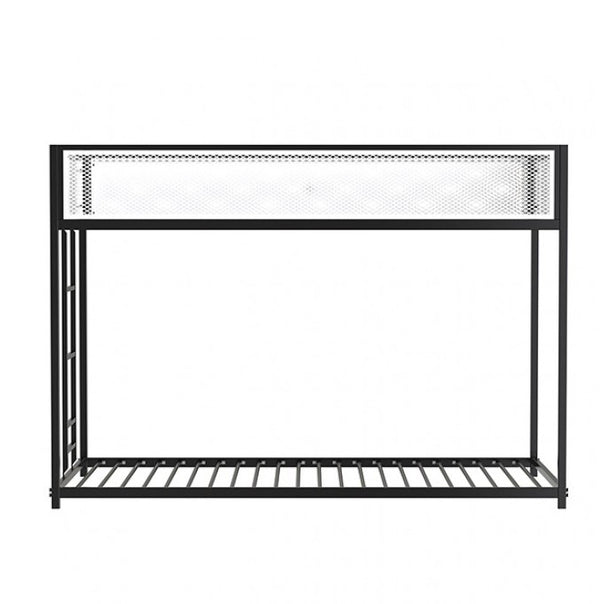 Ranzo Contemporary Matte Black Full Metal Twin Twin Low Bunk Bed Black metal shelf with mesh design on a white background