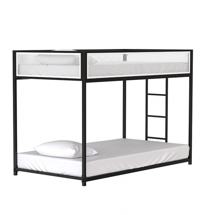 Ranzo Contemporary Matte Black Full Metal Twin Twin Low Bunk Bed Black metal bunk bed with white bedding in a room with a desk and framed pictures on the wall.