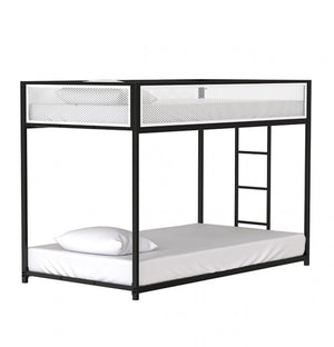Ranzo Contemporary Matte Black Full Metal Twin Twin Low Bunk Bed Black metal bunk bed with white mattress and pillow on a white background