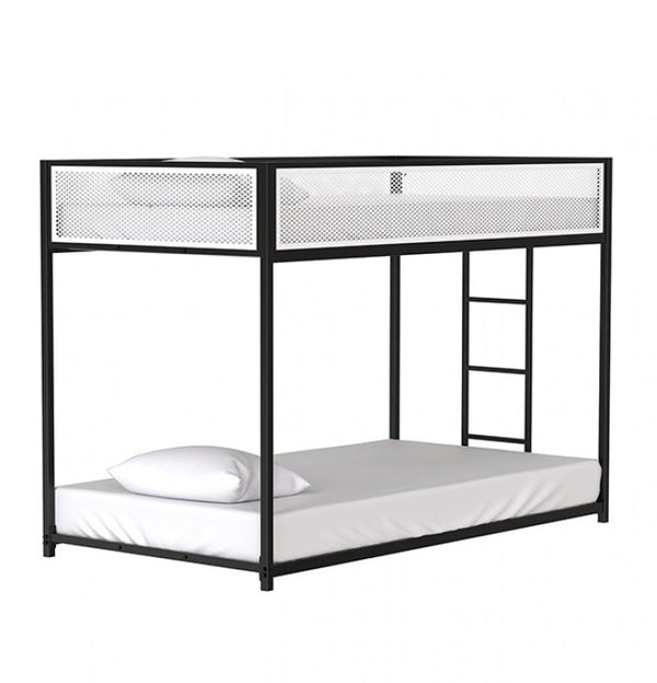 Ranzo Contemporary Matte Black Full Metal Twin Twin Low Bunk Bed Black metal bunk bed with white mattress and pillow on a white background