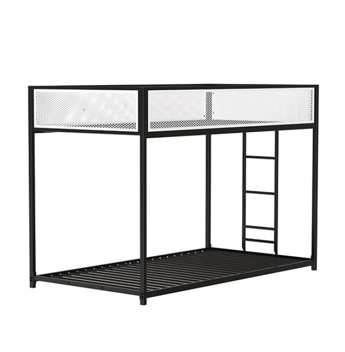 Ranzo Contemporary Matte Black Full Metal Twin Twin Low Bunk Bed Black metal bunk bed with white bedding in a room with a desk and framed pictures on the wall.