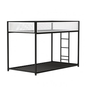 Ranzo Contemporary Matte Black Full Metal Twin Twin Low Bunk Bed Black metal bunk bed with mesh panels on a white background