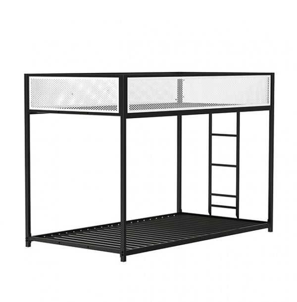 Ranzo Contemporary Matte Black Full Metal Twin Twin Low Bunk Bed Black metal bunk bed with mesh panels on a white background