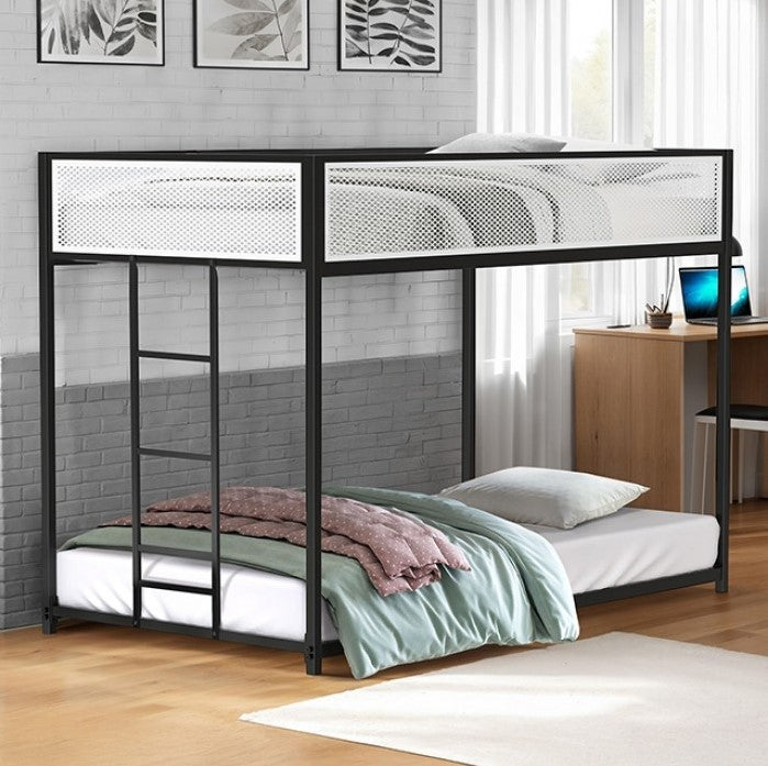Ranzo Contemporary Matte Black Full Metal Twin Twin Low Bunk Bed Black metal bunk bed with white bedding in a room with a desk and framed pictures on the wall.