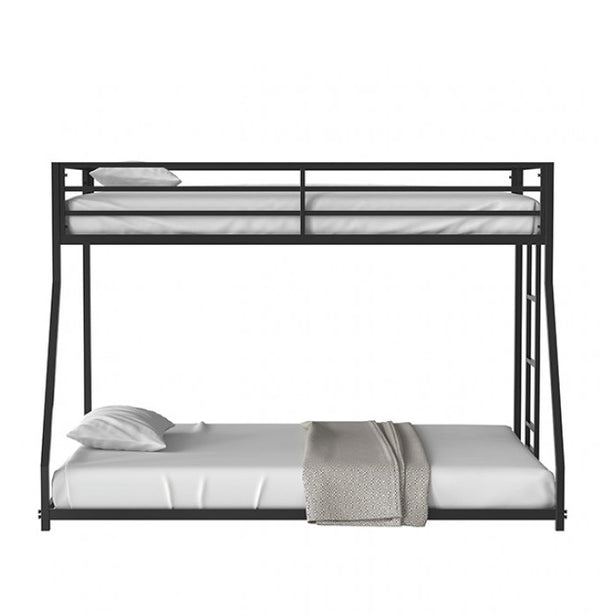 Renzio Contemporary Matte Black Full Metal Low Bunk Bed Bunk bed with white bedding and a blanket on a white background
