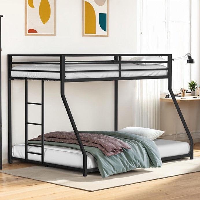 Renzio Contemporary Matte Black Full Metal Low Bunk Bed Bunk bed with white mattress and bedding in a room with abstract art on the wall.