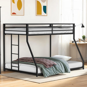 Renzio Contemporary Matte Black Full Metal Low Bunk Bed Bunk bed with white mattress and bedding in a room with abstract art on the wall.
