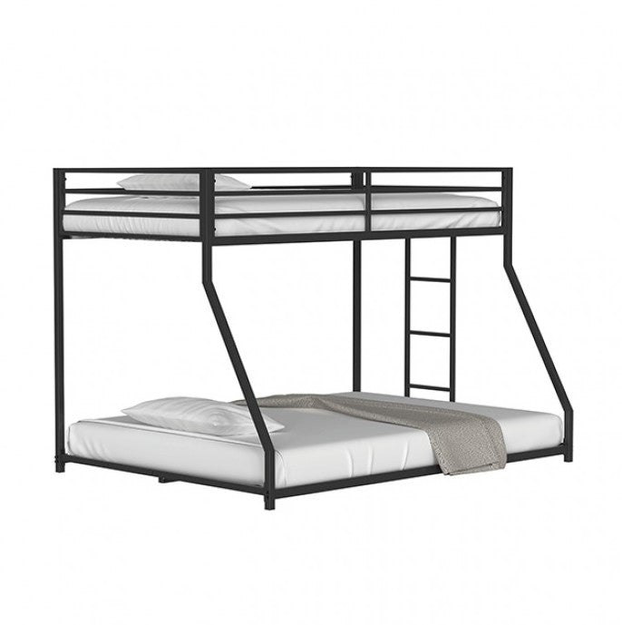 Renzio Contemporary Matte Black Full Metal Low Bunk Bed Bunk bed with white mattress and bedding in a room with abstract art on the wall.