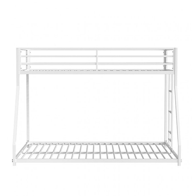 Renzio Contemporary Matte White Full Metal Low Bunk Bed White metal bunk bed with bedding in a room with framed art on the wall.