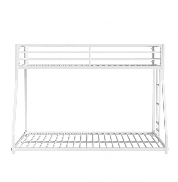 Renzio Contemporary Matte White Full Metal Low Bunk Bed White metal bunk bed frame on a white background
