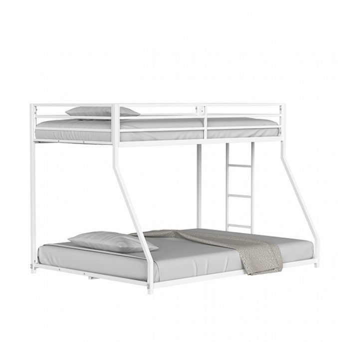 Renzio Contemporary Matte White Full Metal Low Bunk Bed White metal bunk bed with bedding in a room with framed art on the wall.