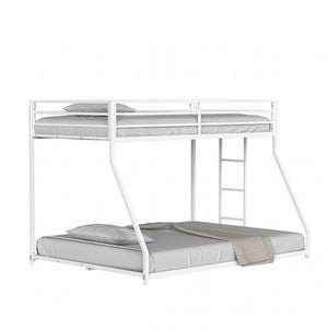 Renzio Contemporary Matte White Full Metal Low Bunk Bed White metal bunk bed with gray mattresses on a white background
