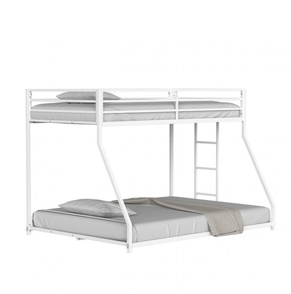 Renzio Contemporary Matte White Full Metal Low Bunk Bed White metal bunk bed with gray mattresses on a white background