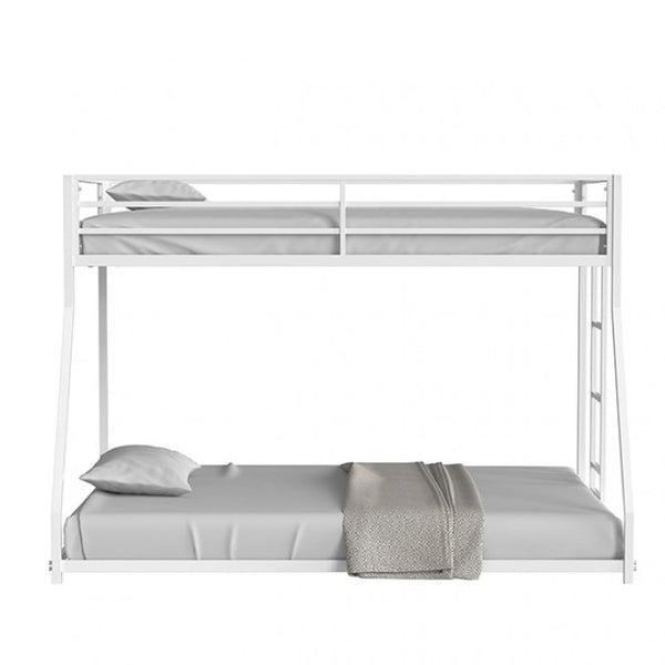 Renzio Contemporary Matte White Full Metal Low Bunk Bed White metal bunk bed with bedding on a white background