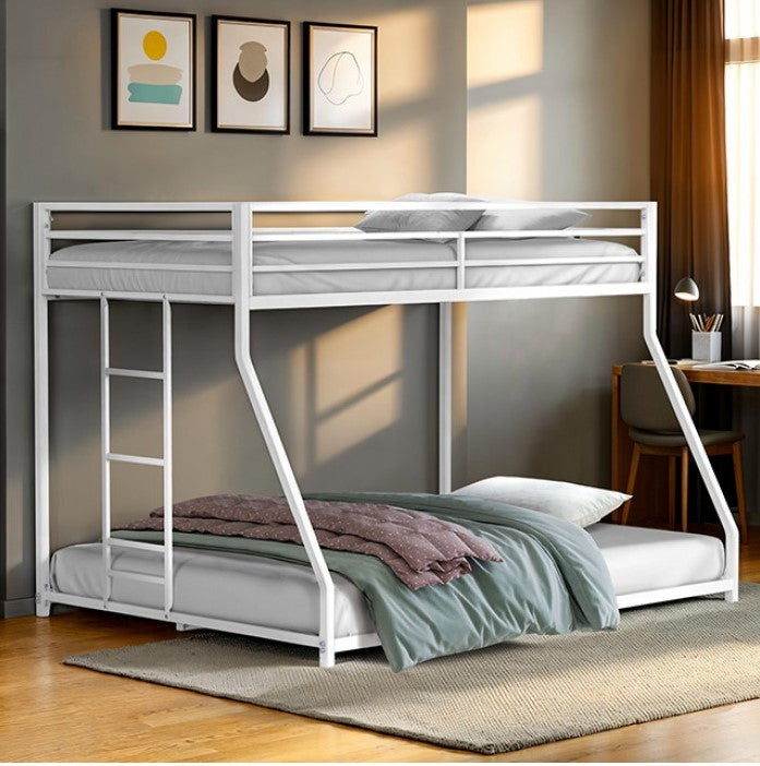 Renzio Contemporary Matte White Full Metal Low Bunk Bed White metal bunk bed with bedding in a room with framed art on the wall.