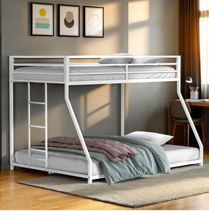 Renzio Contemporary Matte White Full Metal Low Bunk Bed White metal bunk bed with bedding in a room with framed art on the wall.