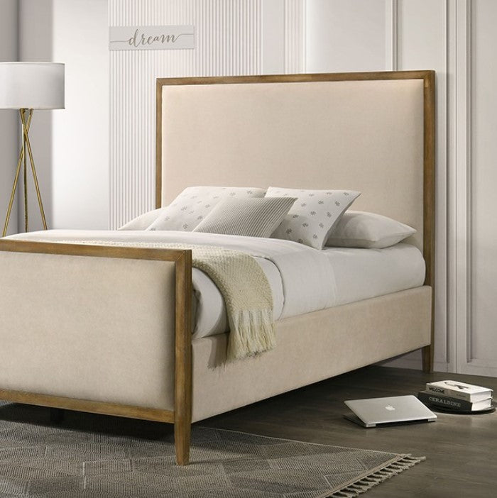 Riyo Natural Oak Fabric Upholstered Panel Bed Beige upholstered bed with wooden frame in a bedroom setting
