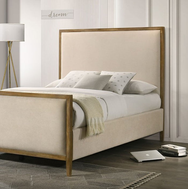 Riyo Natural Oak Fabric Upholstered Panel Bed Beige upholstered bed with wooden frame in a bedroom setting