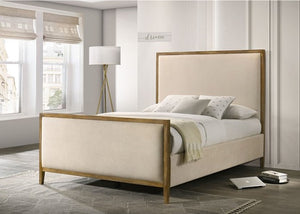 Riyo Natural Oak Fabric Upholstered Panel Bed Beige upholstered bed with wooden frame in a modern bedroom setting.