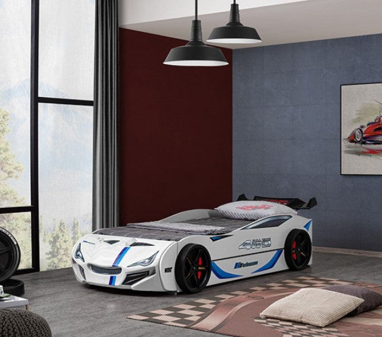 Robin High Gloss Race Car Bed With Trundle Closed in White Modern bedroom with a car-shaped bed design.