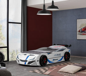 Robin High Gloss Race Car Bed With Trundle Closed in White Modern bedroom with a car-shaped bed design.