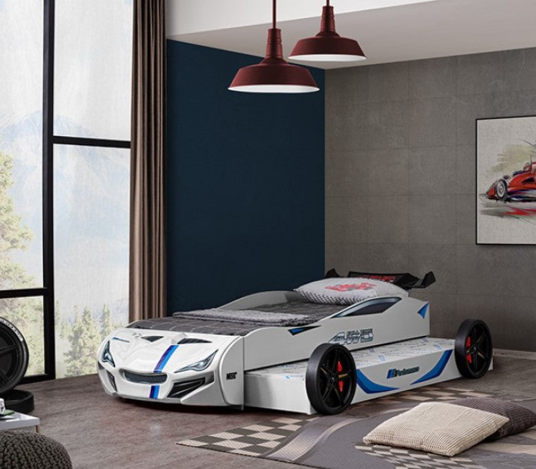 Robin High Gloss Race Car Bed With Trundle Closed in White Modern bedroom with a car-shaped bed design.