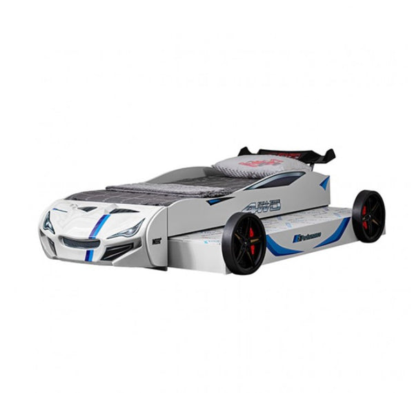 Robin High Gloss Race Car Bed With Trundle Closed in White
