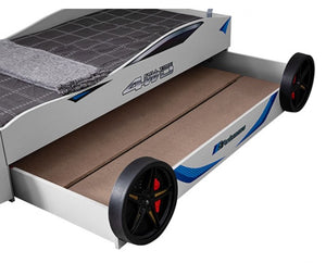 Robin High Gloss Race Car Bed With Trundle Closed in White Children's race car bed with wheels and branded logo on a white background