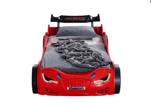  Ronny High Gloss Race Car Bed Red car-shaped bed with gray mattress and blanket on a white background