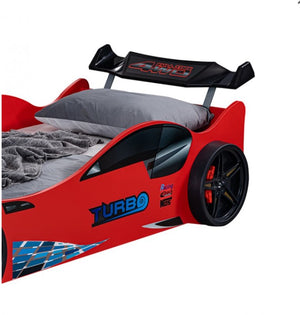 Ronny High Gloss Race Car Bed Red car-shaped bed with gray bedding on a white background