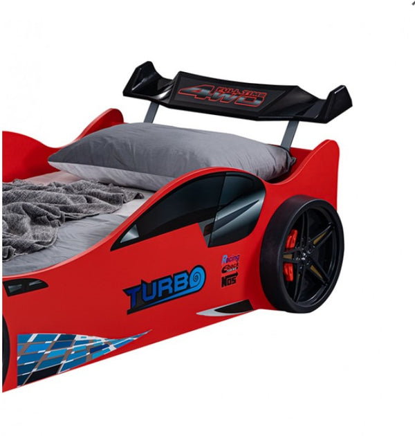 Ronny High Gloss Race Car Bed Red car-shaped bed with gray bedding on a white background