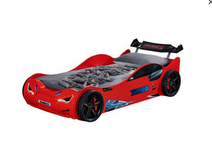 Ronny High Gloss Race Car Bed Red car-shaped bed with gray mattress on a white background